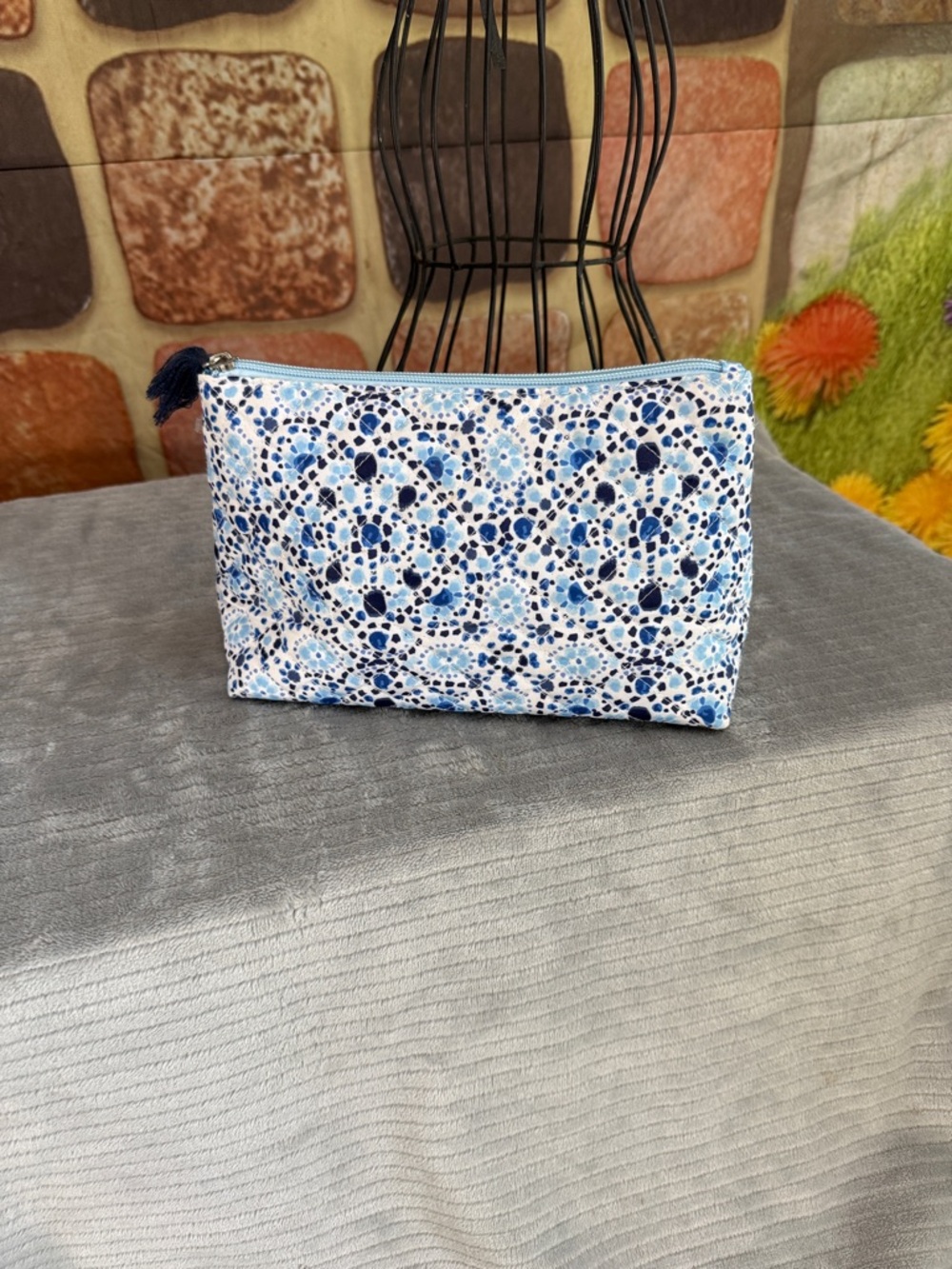 Modella Blue and White Floral Zip Cosmetic Pouch